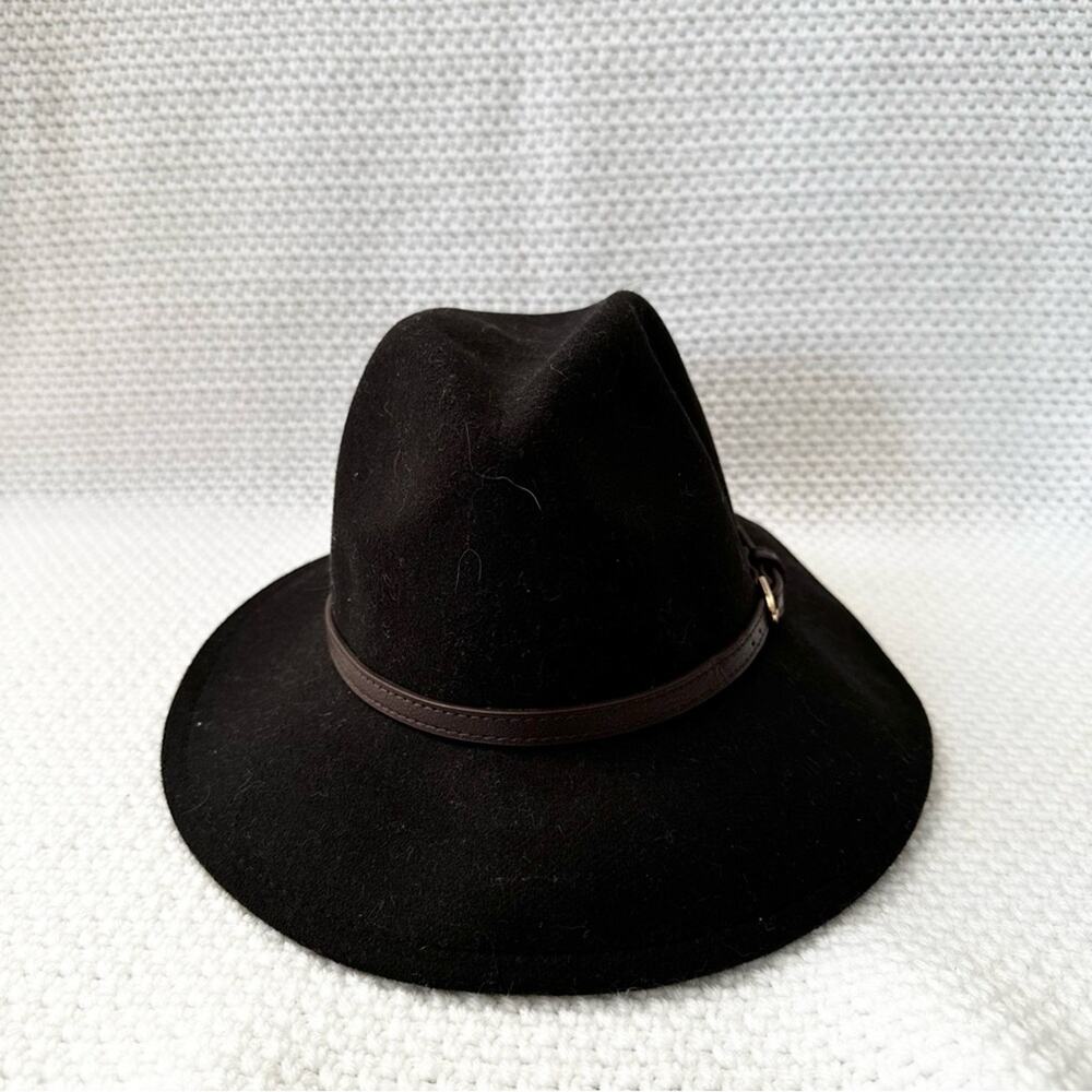Peter Grimm Black Wool Wide Brim Felt Hat Brown Buckle Belt Trim One Size